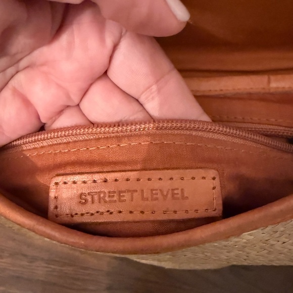 Street Level Shoulder Bag Backpack Raffia Tan Genuine Leather Boho Beach - Picture 2 of 15